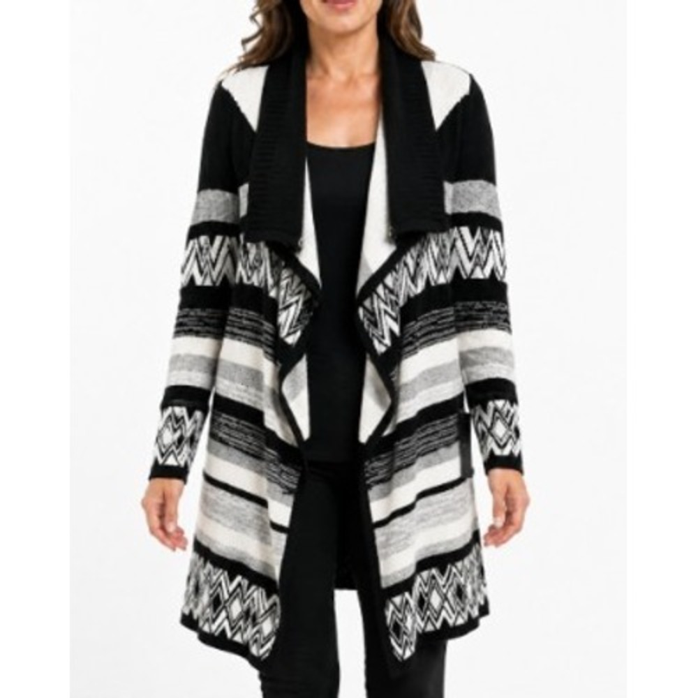 Tahari Cardigan Sweater Womens Large Black White Wool Blend Aztec Longline Boho